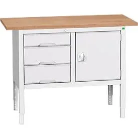 Kastenwerkbank Bott verso, Multiplex-Platte, 3 Schubladen & 1 Tür, B 1250 x T 600 x H 830 - 930 mm, RAL 7035 Lichtgrau