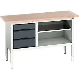 Kastenwerkbank Bott verso, Multiplex-Platte, 3 Schubladen & 1 Ablageboden, B 1500 x T 600 x H 830 - 930 mm, RAL 7035 Lichtgrau / Anthrazitgrau