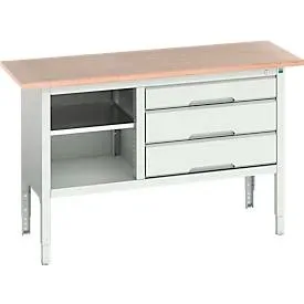 Kastenwerkbank Bott verso, Multiplex-Platte, 3 Schubladen & 1 Ablageboden, B 1500 x T 600 x H 830 - 930 mm, RAL 7035 Lichtgrau