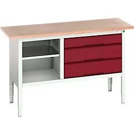Kastenwerkbank Bott verso, Multiplex-Platte, 3 Schubladen & 1 Ablageboden, B 1500 x T 600 x H 830 - 930 mm, RAL 7035 Lichtgrau / Purpurrot