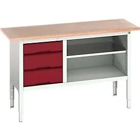 Kastenwerkbank Bott verso, Multiplex-Platte, 3 Schubladen & 1 Ablageboden, B 1500 x T 600 x H 830 - 930 mm, RAL 7035 Lichtgrau / Purpurrot