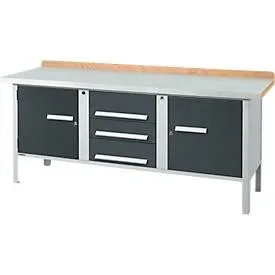 Kastenwerkbank Schäfer Shop Select PW 200-4, Buche Multiplexplatte, mit Stahlabdeckung, bis 750 kg, B 2000 x T 700 x H 840 mm, Anthrazit