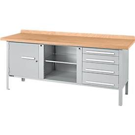 Kastenwerkbank Schäfer Shop Select PW 200-1, Buche Multiplexplatte, bis 750 kg, B 2000 x T 700 x H 840 mm, Weissaluminium