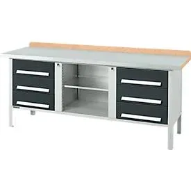 Kastenwerkbank Schäfer Shop Select PW 200-2, Buche Multiplexplatte, mit Stahlabdeckung, bis 750 kg, B 2000 x T 700 x H 840 mm, Anthrazit