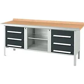 Kastenwerkbank Schäfer Shop Select PW 200-2, Buche Multiplexplatte, mit Stahlkante, bis 750 kg, B 2000 x T 700 x H 840 mm, Anthrazit