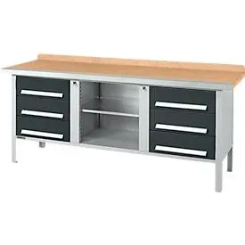 Kastenwerkbank Schäfer Shop Select PW 200-2, Buche Multiplexplatte, mit Stahlkante, bis 750 kg, B 2000 x T 700 x H 840 mm, Anthrazit