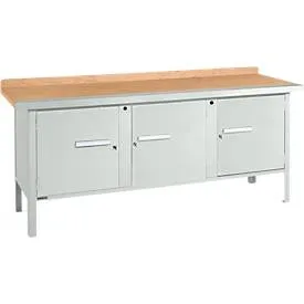 Kastenwerkbank Schäfer Shop Select PW 200-3, Buche Multiplexplatte, mit Stahlkante, bis 750 kg, B 2000 x T 700 x H 840 mm, Lichtgrau