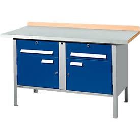 Kastenwerkbank Schäfer Shop Select PWi 150-0, Buche Multiplexplatte, mit Stahlabdeckung, bis 750 kg, B 1500 x T 700 x H 840 mm, Enzianblau