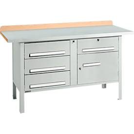 Kastenwerkbank Schäfer Shop Select PWi 150-5, Buche Multiplexplatte, mit Stahlabdeckung, bis 750 kg, B 1500 x T 700 x H 840 mm, Lichtgrau
