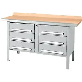 Kastenwerkbank Schäfer Shop Select PWi 150-6, Buche Multiplexplatte, mit Stahlkante, bis 750 kg, B 1500 x T 700 x H 840 mm, Weissaluminium