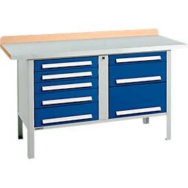 Kastenwerkbank Schäfer Shop Select PWi 150-8, Buche Multiplexplatte, mit Stahlabdeckung, bis 750 kg, B 1500 x T 700 x H 840 mm, Enzianblau