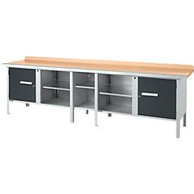 Kastenwerkbank Schäfer Shop Select PWi 300-1, Buche Multiplexplatte, mit Stahlkante, bis 750 kg, B 3000 x T 700 x H 840 mm, Anthrazit