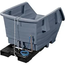 Kippbehälter, Polyethylen, grau, B 920 x T 1420 x H 590 mm, 300 l, Schüttkanthöhe 370 mm, bis 150 kg, Kipp-Arretierungsvorrichtung