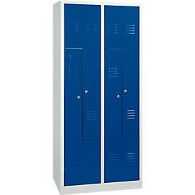 Kleiderspind, 4 Abteile, mit Sockel, B 800 x H 1800 mm, Drehriegelverschluss, lichtgrau/enzianblau