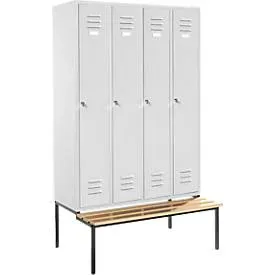 Kleiderspind, 4 Abteile, Sitzbank, Zylinderschloss, 102 kg, lichtgrau