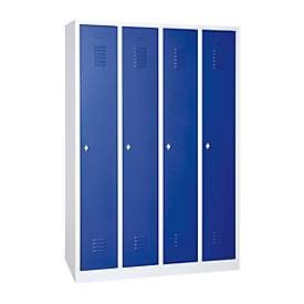 Kleiderspind, 4 Türen, B 1170 x H 1800 mm, Drehriegelverschluss, lichtgrau/enzianblau