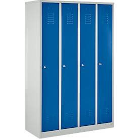 Kleiderspind, 4 Türen, B 1170 x H 1800 mm, Zylinderschloss, lichtgrau/enzianblau