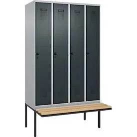Kleiderspind C+P Evolo Plus, 4 Abteile à 300 mm Breite, schwebende Sitzbank, B 1200 x T 815 x H 2120 mm, Drehriegel, weissaluminium/anthrazit