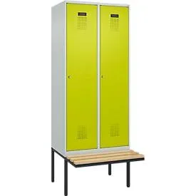 Kleiderspind C+P Evolo Plus, 2 Abteile à 400 mm Breite, schwebende Sitzbank, B 800 x T 815 x H 2120 mm, Zylinder, lichtgrau/clowngrün