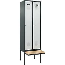 Kleiderspind C+P Evolo Plus, 2 Abteile à 300 mm Breite, schwebende Sitzbank, B 600 x T 815 x H 2120 mm, Zylinder, anthrazitgrau/lichtgrau