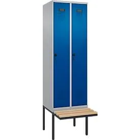 Kleiderspind C+P Evolo Plus, 2 Abteile à 300 mm Breite, schwebende Sitzbank, B 600 x T 815 x H 2120 mm, Drehriegel, weissaluminium/enzianblau