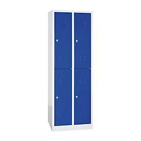 Kleiderspind, doppelstöckig, 2 x 2 Abteile, Drehriegelverschluss, lichtgrau/enzianblau