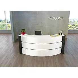 Kleine Bogen-Empfangstheke Faro, mit Ablage und Seitenplatten, B 2550 x T 1200 x H 1120 mm, weiss/anthrazit