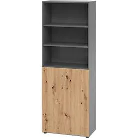 Kombischrank Breno, 6OH, Schrank- und Regalelement, abschliessbar, B 800 x T 420 x H 2156 mm, Spanplatte, graphit/Asteiche
