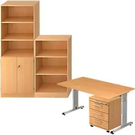 Komplettangebot Schreibtisch/Container/Regalschrank/Regal ULM, Buche-Dekor