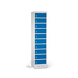 Laptopschrank mit Ladefunktion, 10 Abteile mit Zylinderschloss, CH-Stecker, Stahlblech lichtgrau RAL 7035/enzianblau RAL 5010