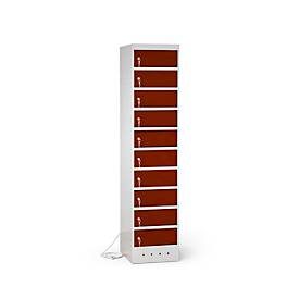 Laptopschrank mit Ladefunktion, 10 Abteile mit Zylinderschloss, CH-Stecker, Stahlblech lichtgrau RAL 7035/mah.braun RAL 8016