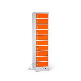Laptopschrank mit Ladefunktion, 10 Abteile mit Zylinderschloss, CH-Stecker, Stahlblech lichtgrau RAL 7035/reinorange RAL 2004