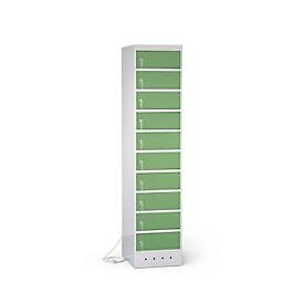 Laptopschrank mit Ladefunktion, 10 Abteile mit Zylinderschloss, CH-Stecker, Stahlblech lichtgrau RAL 7035/resedagrün RAL 6011