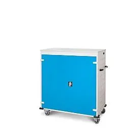 Laptopwagen mit Ladefunktion, 2-Punkt-Verriegelung, CH-Stecker, Feststellbremse, 30 Fächer, B 1310 x T 500 x H 1250, lichtblau
