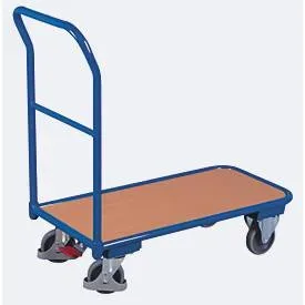 Leichter Schiebebügelwagen, Stahl/MDF-Platte, Enzianblau/Buche-Dekor, L 850 x B 450 mm, mit Querstrebe, TPE-Rollen mit EasySTOP, bis 200 kg