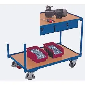 Leichter Tischwagen, Stahl/MDF-Platte, Enzianblau/Buche-Dekor, 2 Etagen, L 985 x B 605 mm, 2 Schubladen, TPE-Rollen mit EasySTOP, bis 250 kg