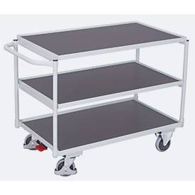 Leichter Tischwagen, Stahl/MDF-Platte, Lichtgrau/Dunkelgrau, 3 Etagen, L 985 x B 605 mm, TPE-Rollen mit EasySTOP, bis 250 kg