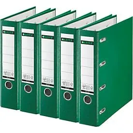 LEITZ® Doppelordner 1012, 2 x A5, Rückenbreite 75 mm, Präzisions-Hebelmechanik, Sichttasche für Rückenschild, Griffloch, Polypropylen, grün, 5 Stück