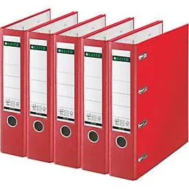 LEITZ® Doppelordner 1012, 2 x A5, Rückenbreite 75 mm, Präzisions-Hebelmechanik, Sichttasche für Rückenschild, Griffloch, Polypropylen, rot, 5 Stück