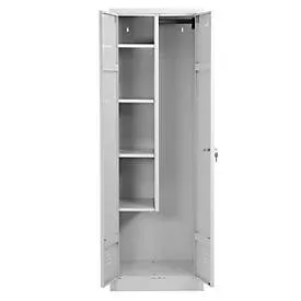 Putzmittelschrank, B 600 mm, 4 Böden, verkürzte Mitteltrennwand, abschliessbar, lichtgrau RAL 7035/lichtgrau RAL 7035