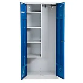 Putzmittelschrank, B 800 mm, 4 Böden, verkürzte Mitteltrennwand, abschliessbar, enzianblau RAL 5010/l.grau RAL 7035