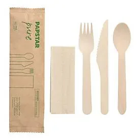 Papstar Besteckset Pure, bestehend aus 1 x Messer/1 x Gabel/1 x Löffel/1 x Serviette, FSC®-Holz, naturfarben, 50 Sets in Papierbeuteln