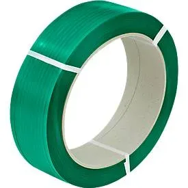 PET Polyesterband, L 1500 m x B 15,5 mm, Stärke 0,9 mm, Kern-Ø 406 mm, bis 534 kg, 100 % Recyclingmaterial, grün, geprägt