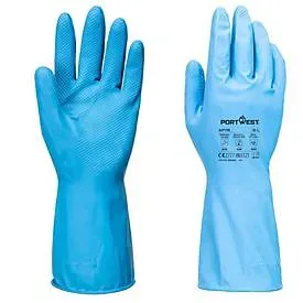 Portwest Einmalhandschuhe FD Chemical B, Stulpenhandschuhe, lebensmittelecht, chemikalienbeständig, Latex/Baumwolle, L, blau, 12 Stück