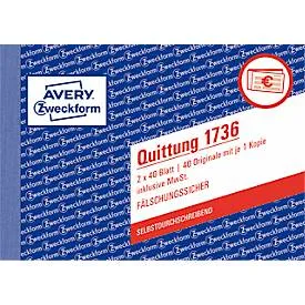Quittung Avery Zweckform 1736, inkl. MwSt., A6 Querformat, 1 Block mit 2 x 40 Blatt, FSC®-Papier, weiss/gelb