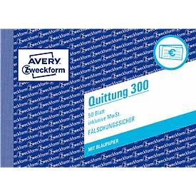 Quittung Avery Zweckform 300, inkl. MwSt., A6 Querformat, 1 Block mit 50 Blatt,  FSC®-Papier, weiss