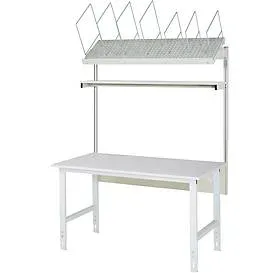 Packtisch komplett, manuell höhenverstellbar, Set 1 mit Etagenbord, BxT 1500 x 1000 mm, Melaminplatte RAU