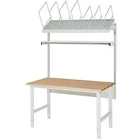 Packtisch komplett, manuell höhenverstellbar, Set 1 mit Etagenbord, BxT 2000 x 1000 mm, Buchenplatte RAU