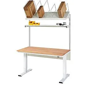 Packtisch komplett 300, elektrisch höhenverstellbar, Set 1 mit Etagenbord, BxT 1500 x 800 mm, Buchenplatte RAU