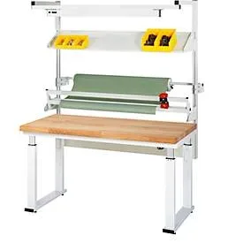 Rau Packtischsystem 02 Werbank-Serie adlatus 600, B 1500 x T 900 x H 740-1140 mm, Buche-Massivholzplatte, bis 600 kg